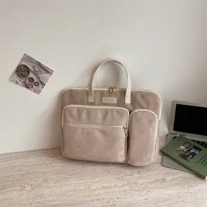 Borsa Cartella da Lavoro in Velluto da Donna Borsa per Laptop Grande Capacità Scomparti Multipli Borsa a Mano Monocolore