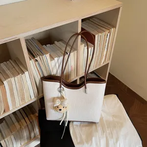 Große Kapazität PU Leder Canvas Tote Bag Damen Casual Pendler Umhängetasche Schüler Büchertasche