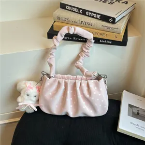 Korean Style Polka Dot Canvas Shoulder Crossbody Bag Casual Women Daily Commuting Handbag With Plush Pendant