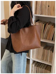 Grand sac cabas tressé en cuir marron sac à épaule de travail fourre-tout élégant femme