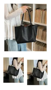 Sac cabas tissé noir pour femme, grand sac porté épaule, sac à main minimaliste chic et élégant.