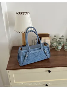 Μπλε τσάντα χειρός από denim με λεοπάρ print, κομψή vintage γυναικεία τσάντα για καθημερινή χρήση.