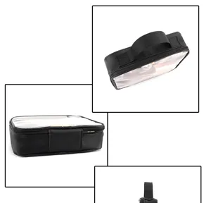 Detailopname van de doorzichtige cosmetische tas met ritssluiting en handig handvat voor reis.