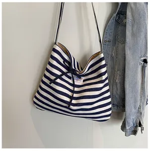 Korean style striped canvas shoulder bag, casual large capacity commuter crossbody bag.