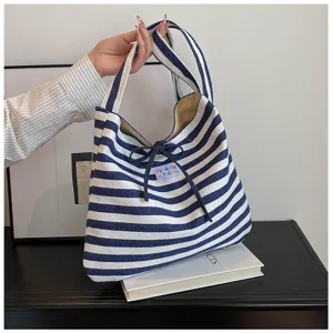 Blue white striped canvas tote bag, large capacity shoulder handbag for daily commute.
