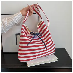 Korean style red white striped canvas shoulder bag large capacity casual tote bag for women