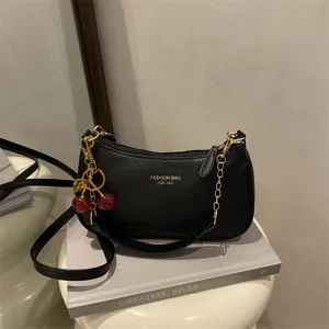 Women Small Niche Design PU Leather Underarm Bag Fashion Chain Shoulder Crossbody Bag With Cute Cherry Charm Daily Matching