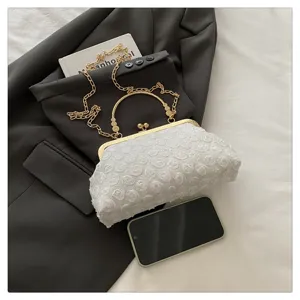 Vintage white lace evening clutch bag with elegant gold metal frame and chain strap