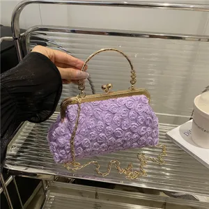 Elegant Purple Rose Clutch Evening Bag Mini Handbag Featuring Gold Chain And Metal Handle
