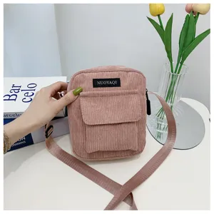 Cross-border fashion pink corduroy small square shoulder bag for women daily casual use.