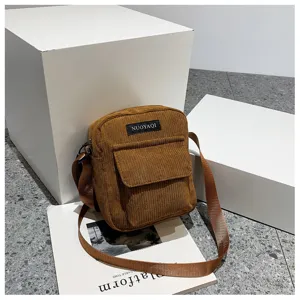 Women corduroy crossbody bag casual small square shoulder bag with front pocket brown