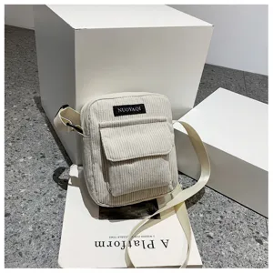 Beige corduroy cross-body bag for women, minimalist daily small shoulder bag with front pocket.