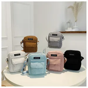 Corduroy small square crossbody bag for women, trendy Korean style minimalist shoulder bag.
