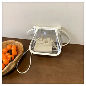 Clear transparent jelly crossbody bag for women featuring inner pouch and white trim design