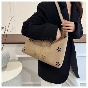 Casual suede tote bag with cut-out flower design, stylish shoulder bag for daily commute.