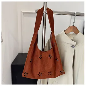 Brown suede hobo tote bag for women, large capacity casual shoulder bag with cutout flower details.