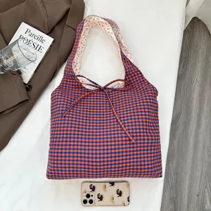 Korean Vintage Plaid PU Tote Bag Large Capacity Casual Versatile Shoulder Bag Student Daily Shopping Bag