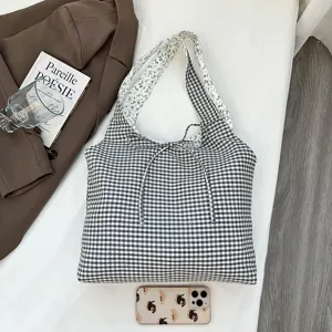 Korean vintage gingham canvas shoulder bag, casual tote bag with bow and floral lining.