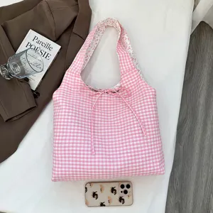 Korean retro pink plaid canvas tote bag, lightweight casual student shoulder bag for daily use.