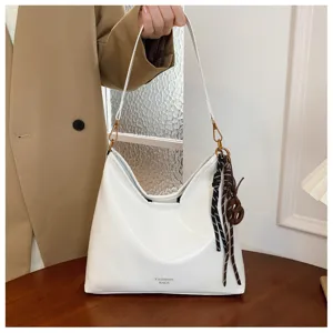 Elegant white PU leather shoulder bag for women, casual daily commuting slouchy bag.