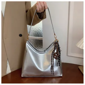 Women silver metallic shoulder bag slouchy hobo crossbody bag vintage casual stylish handbag