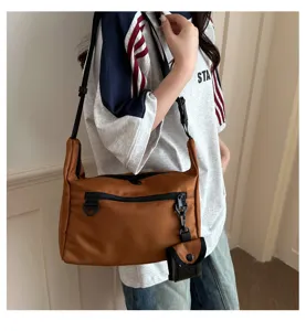 Brown nylon crossbody bag for women, casual daily shoulder messenger bag with small pouch.