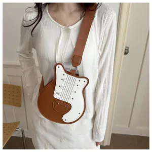 Creative guitar shaped crossbody bag stylish brown white colorblock fashion women shoulder bag