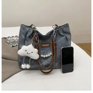 Casual denim tote bag large capacity shoulder bag with chain pearl and cloud pendant