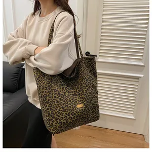 Leopard print canvas tote bag large capacity shoulder handbag casual student school bag stylish
