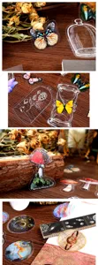 Details of decorative PET journaling stickers featuring butterflies, mushrooms, and planets.