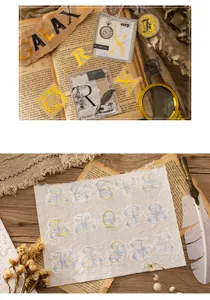 Detailed shot of retro English alphabet PET stickers, vintage diary journaling supplies.