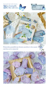 Retro butterfly label sticker pack, writable DIY journal materials in blue and purple styles.