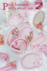 Vintage pink butterfly and fairy decorative sticker set for DIY scrapbooking and journals.