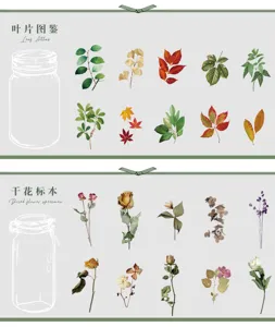Gedetailleerde weergave van PET journal stickers met botanische blad- en droogbloemen.