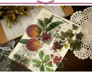 Botanische PET sticker detailfoto met vintage krant en bloemencollage voor dagboek DIY.