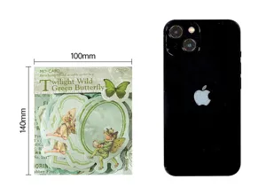 Detail view of retro butterfly label stickers with dimension markers and phone for size scale.