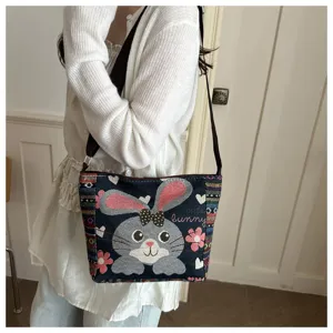Ethischer Stil Canvas Umhängetasche für Damen, süße Kaninchen bestickte Freizeittasche.