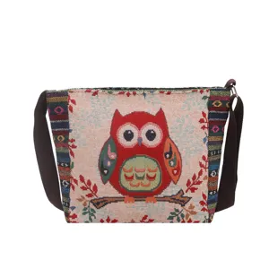 Ethno Stil gewebte Canvas Umhängetasche mit niedlichem Eulen Muster für Damen Alltag.