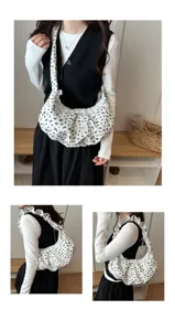 Borsa a spalla patchwork pizzo volant floreali vista dettagliata, elegante borsa donna casual.