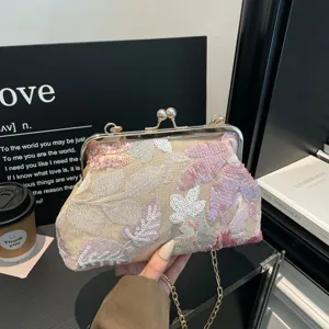 Sequined embroidery kiss-lock clutch bag vintage shoulder crossbody bag for women.