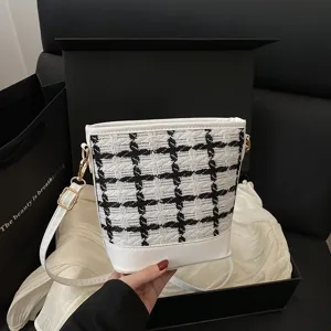 Γυναικείο Fashion Tweed Bucket Bag Моτίβο Piede de Poule Crossbody Shoulder Bag PU Leather Patchwork Handbag Casual
