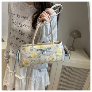 Chinese style floral brocade shoulder bag with blue bow elegant casual women underarm bag