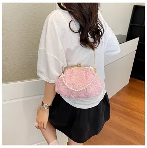 Women pink floral crossbody bag with pearl chain cute stylish shoulder handbag for daily wear