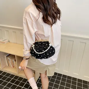 Fashion women black floral mesh shoulder bag with elegant pearls and chain strap for daily wear.