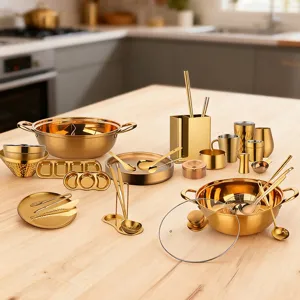 304 Stainless Steel Gold Tableware Set Commercial Household Hot Pot Soup Spoon Colander Dinnerware Kitchen Supplies