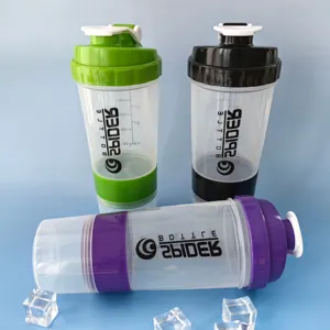 Fitness protein shaker bottle with powder compartment, 3-layer large capacity gym water cup.