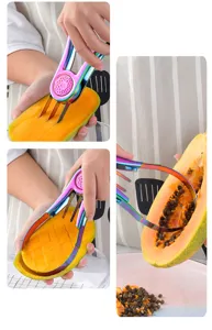 Outil évider fruits en acier inoxydable 304, vue détaillée montrant la découpe facile de mangue.