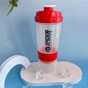 Detail shot of the three-layer fitness shaker bottle featuring red cap and clear scale marks.