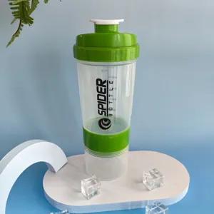 Clear protein shaker bottle with storage compartment, 3-layer gym fitness mixer cup for workout.