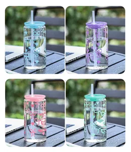 Glass straw cup with colorful bow heart pattern, portable office drinking mug set of four.
